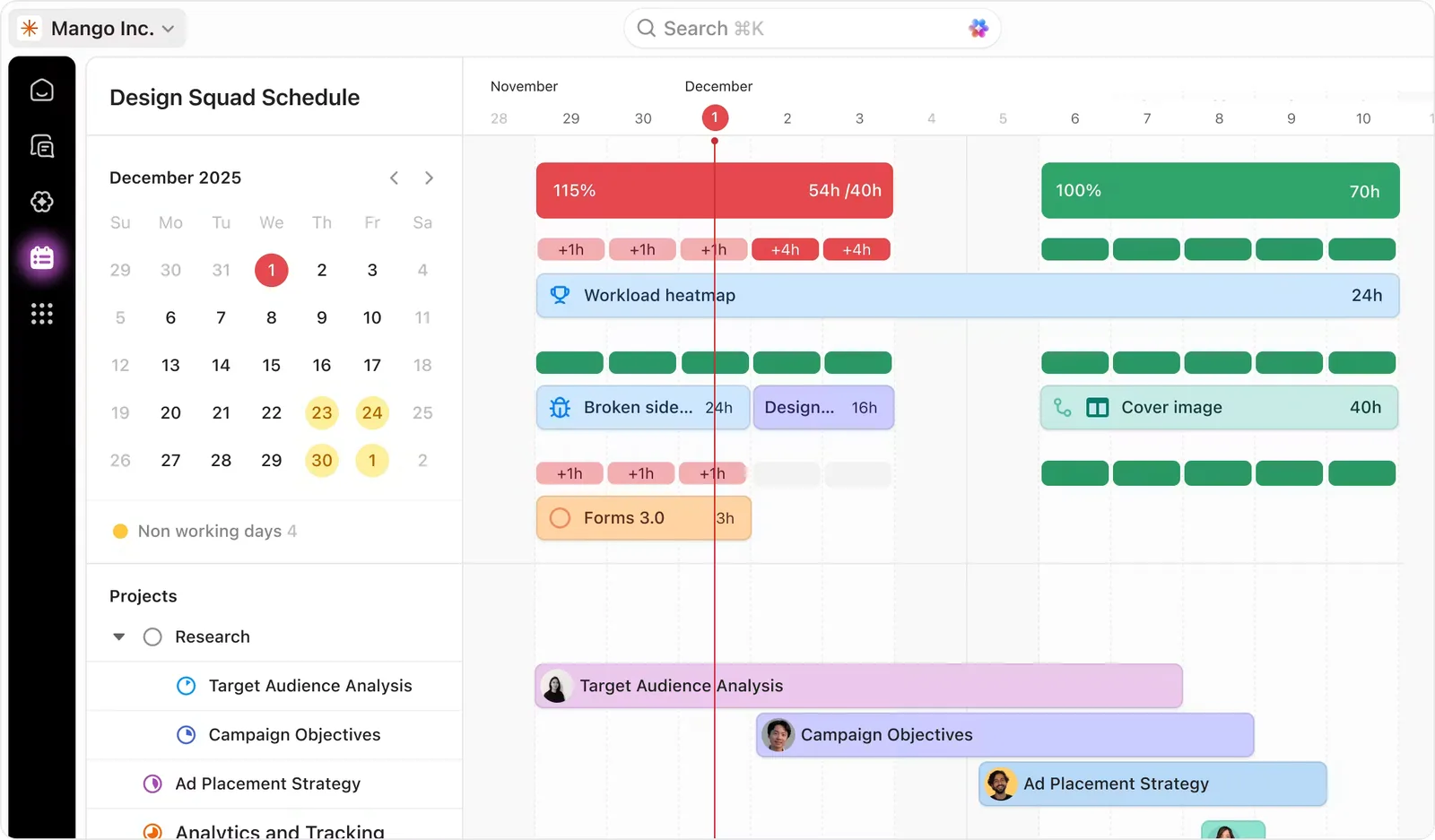 Agenda da equipe no ClickUp com carga de trabalho por pessoa e alerta de sobrecarga em vermelho